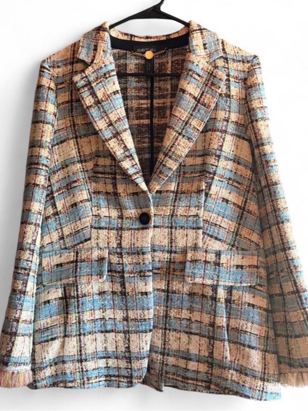 Marc Cain Plaid Tweed Blazer in Blue Topaz